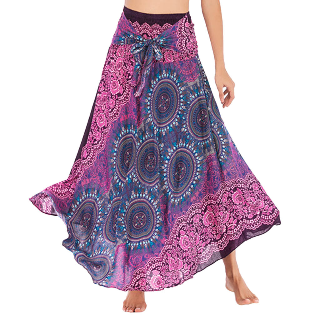 Long Hippie Elastic Waist Floral Halter Skirt