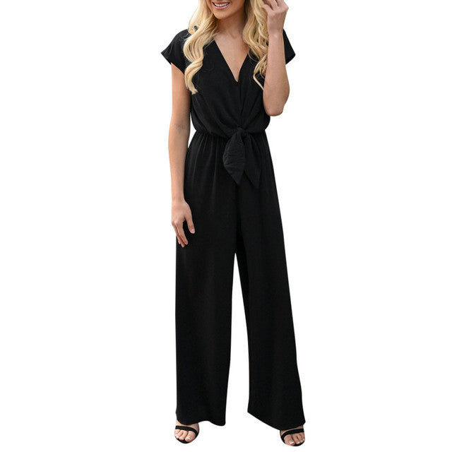 Short Sleeve Sexy V Neck Lace Up Jumpsuit