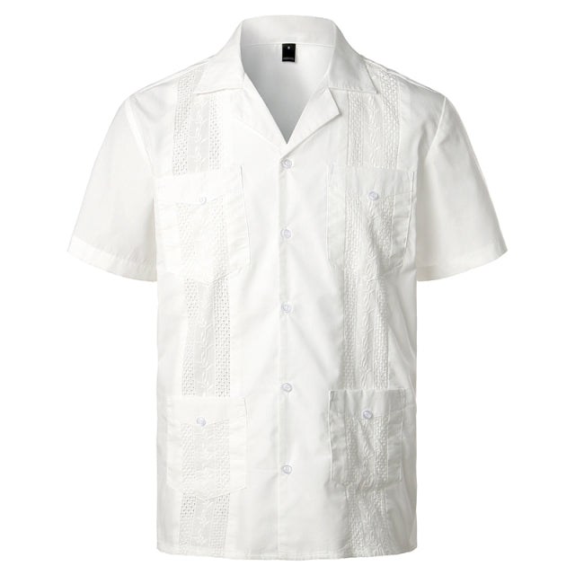 Men&#39;s Traditional Cuban Camp Collar Guayabera Shirt Short Sleeve Embroidered Mexican Caribbean Style Beach Shirt with 4 Pocket