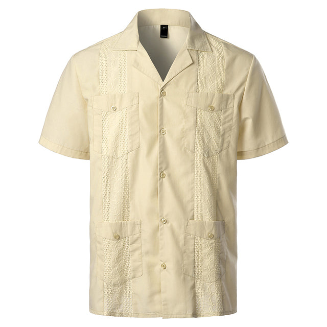 Men&#39;s Traditional Cuban Camp Collar Guayabera Shirt Short Sleeve Embroidered Mexican Caribbean Style Beach Shirt with 4 Pocket