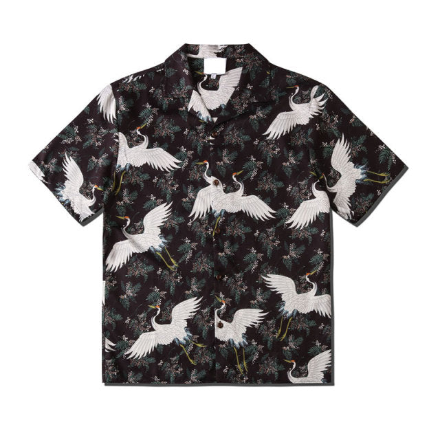 Harajuku Men Shirts Black Flower Print Short Sleeve Single Breasted Loose Shirt 2020 Hip Hop Beach Casual Streetwear Unisex