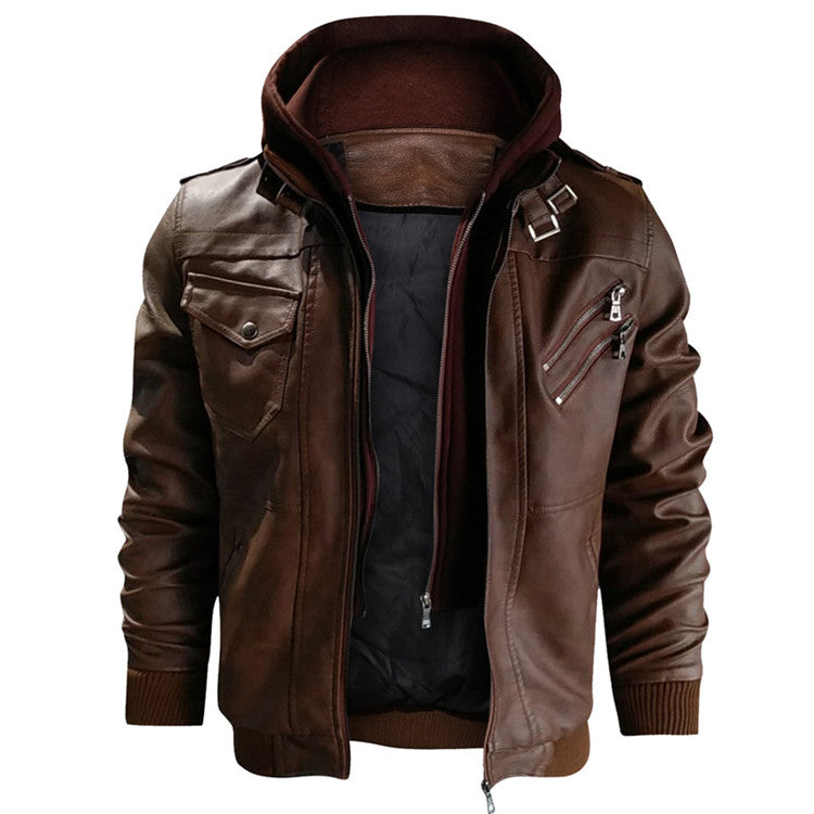 Autumn Casual Motorcycle PU Leather JacketDescription:Material: Faux LeatherApplicable Season: Autumn And Winter Applicable Scene: DailyStyle: Moto &amp; BikerThickness: STANDARDHooded: YesFabric Type: Broad