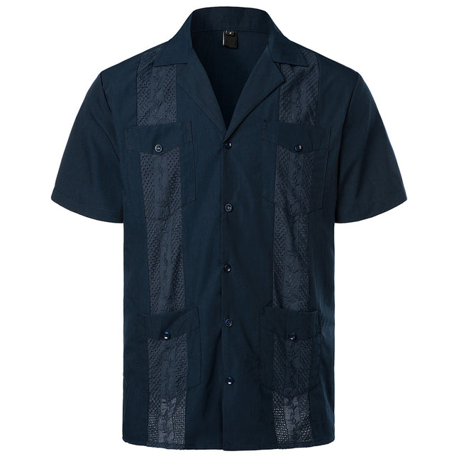 Men&#39;s Traditional Cuban Camp Collar Guayabera Shirt Short Sleeve Embroidered Mexican Caribbean Style Beach Shirt with 4 Pocket