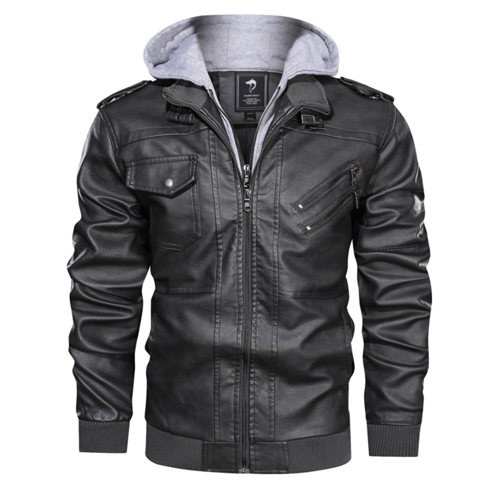 Autumn Casual Motorcycle PU Leather JacketDescription:Material: Faux LeatherApplicable Season: Autumn And Winter Applicable Scene: DailyStyle: Moto &amp; BikerThickness: STANDARDHooded: YesFabric Type: Broad