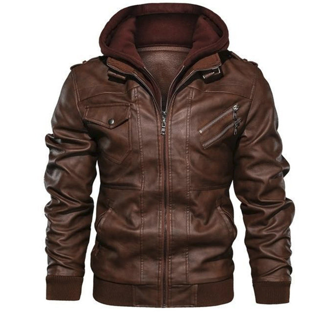 Autumn Casual Motorcycle PU Leather JacketDescription:Material: Faux LeatherApplicable Season: Autumn And Winter Applicable Scene: DailyStyle: Moto &amp; BikerThickness: STANDARDHooded: YesFabric Type: Broad