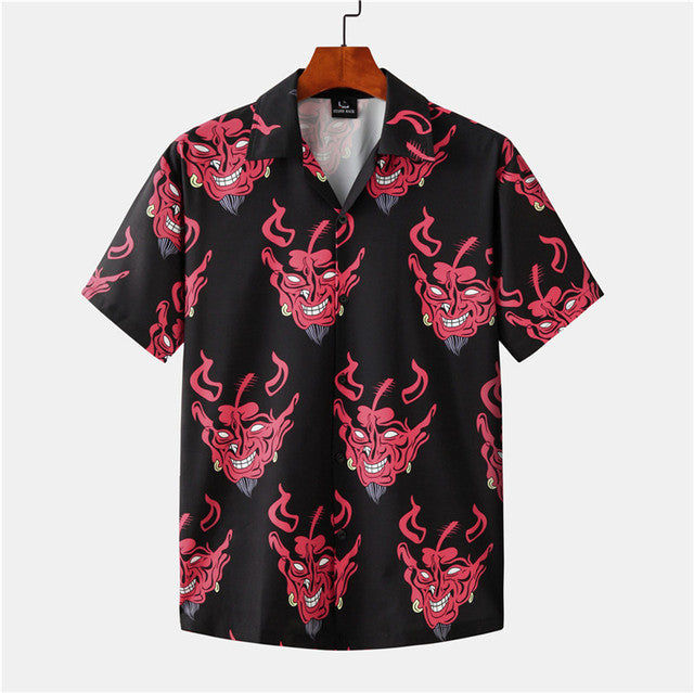 Devil Full Printed Short Sleeve Shirts Men Summer Floral Loose Hawaiian Korean Streetwear Hip Hop Couple Fashion Shirts Camisa