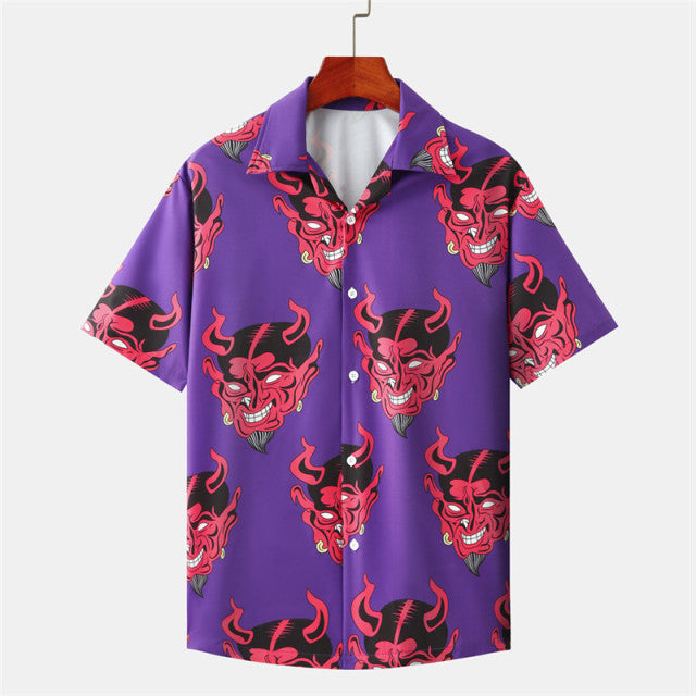 Devil Full Printed Short Sleeve Shirts Men Summer Floral Loose Hawaiian Korean Streetwear Hip Hop Couple Fashion Shirts Camisa