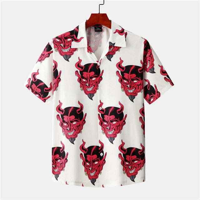 Devil Full Printed Short Sleeve Shirts Men Summer Floral Loose Hawaiian Korean Streetwear Hip Hop Couple Fashion Shirts Camisa