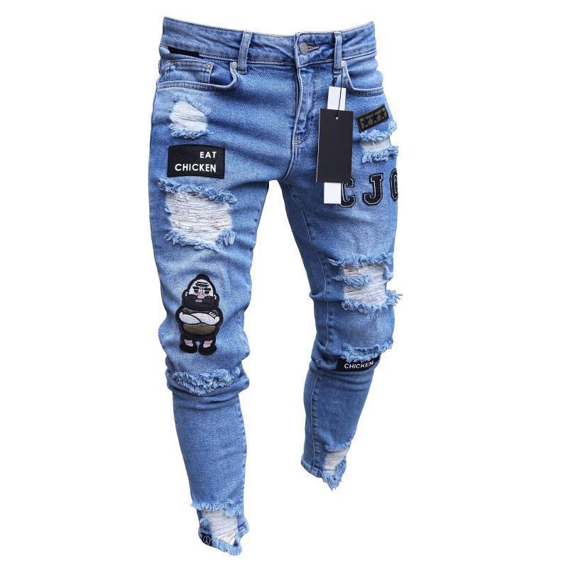 Broken Hole Embroidered Pencil jeansDescription:Closure Type: Zipper FlyApplicable Season: Four SeasonsApplicable Scene: DailyStyle: HIP HOPWaist Type: MIDDecoration: EmbroideryPattern Type: LetterMate
