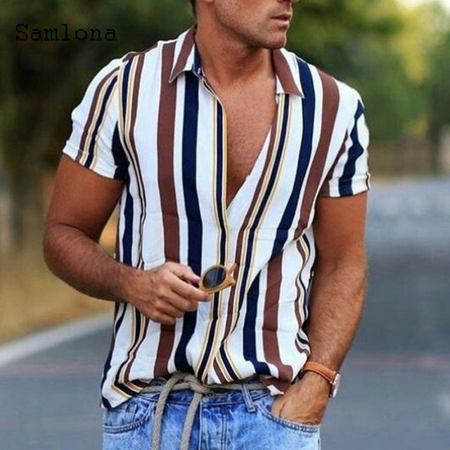 Men Skinny Tops Model Shirt 2021 Short Sleeve Patchwork Stripe Blouse Single-Breasted Summer Casual Shirt Sexy Mens clothing