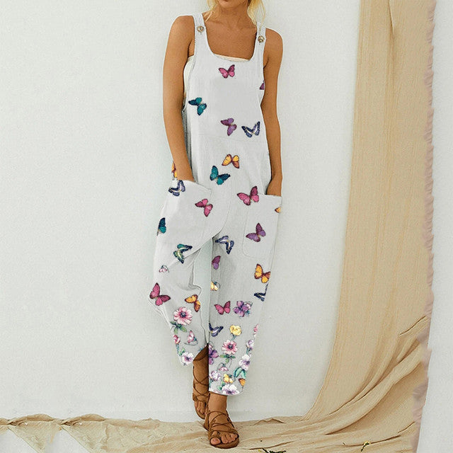 Fashion Print Pocket Romper Long Jumpsuit