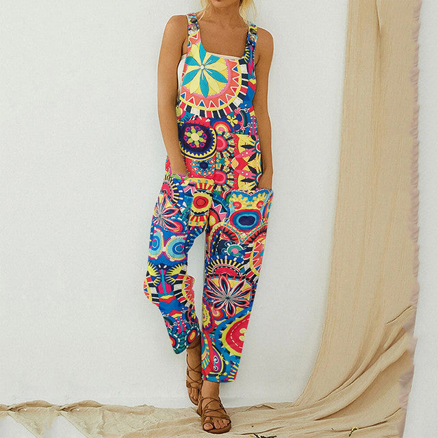 Fashion Print Pocket Romper Long Jumpsuit