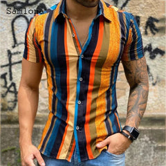Men Skinny Tops Model Shirt 2021 Short Sleeve Patchwork Stripe Blouse Single-Breasted Summer Casual Shirt Sexy Mens clothing