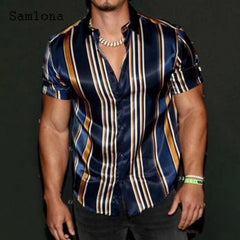 Men Skinny Tops Model Shirt 2021 Short Sleeve Patchwork Stripe Blouse Single-Breasted Summer Casual Shirt Sexy Mens clothing