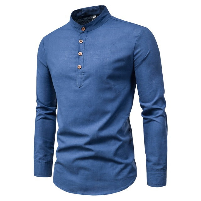 Men Solid Color Stand Shirts Top Breathable Linen Long Sleeved Mens Slim Clothes Shirt National Style Male Casual Blouse Camisas