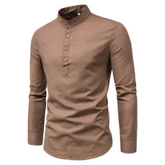 Men Solid Color Stand Shirts Top Breathable Linen Long Sleeved Mens Slim Clothes Shirt National Style Male Casual Blouse Camisas