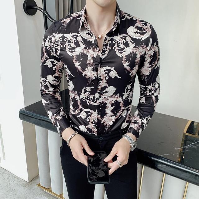 Mens Vintage Print Long Sleeve Shirt New Fashion Hawaiian Slim Fit Striped Shirts