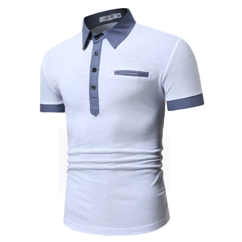 Contrast Color Short Sleeve T-Polo ShirtDescription:Applicable Scene: CasualSleeve Length(cm): ShortStyle: CasualApplicable Season: summerMaterial: CottonType: RegularGender: MENTops Type: PolosDecoration: