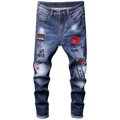 Broken Hole Embroidered Pencil jeansDescription:Closure Type: Zipper FlyApplicable Season: Four SeasonsApplicable Scene: DailyStyle: HIP HOPWaist Type: MIDDecoration: EmbroideryPattern Type: LetterMate