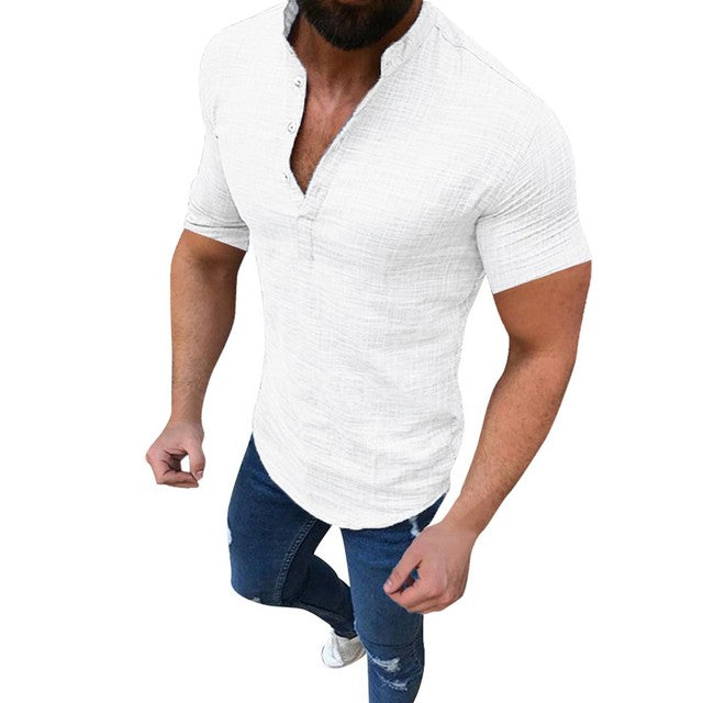 Men Linen Shirts Summer Short Sleeve Breathable Men&#39;s Baggy Casual Shirts Slim Fit Solid Cotton Shirts Mens Pullover Tops Blouse