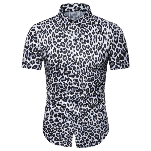 Summer New Fashion Mens Leopard Printed Shirt Casual Button Shirts