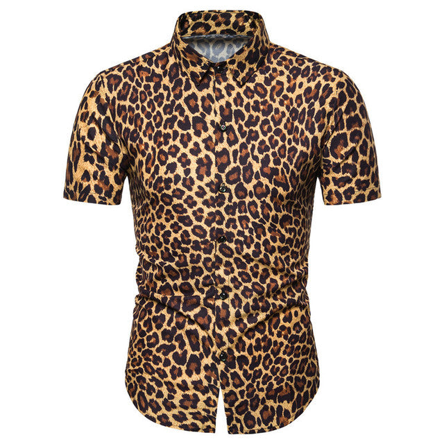 Summer New Fashion Mens Leopard Printed Shirt Casual Button Shirts