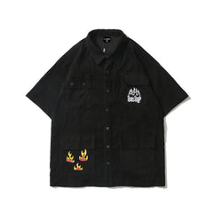 Flame Embroidery Corduroy Short Sleeve Shirt Mens Summer Streetwear Multi-Pocket Half-Sleeve Casual Loose Lapel Shirts Men