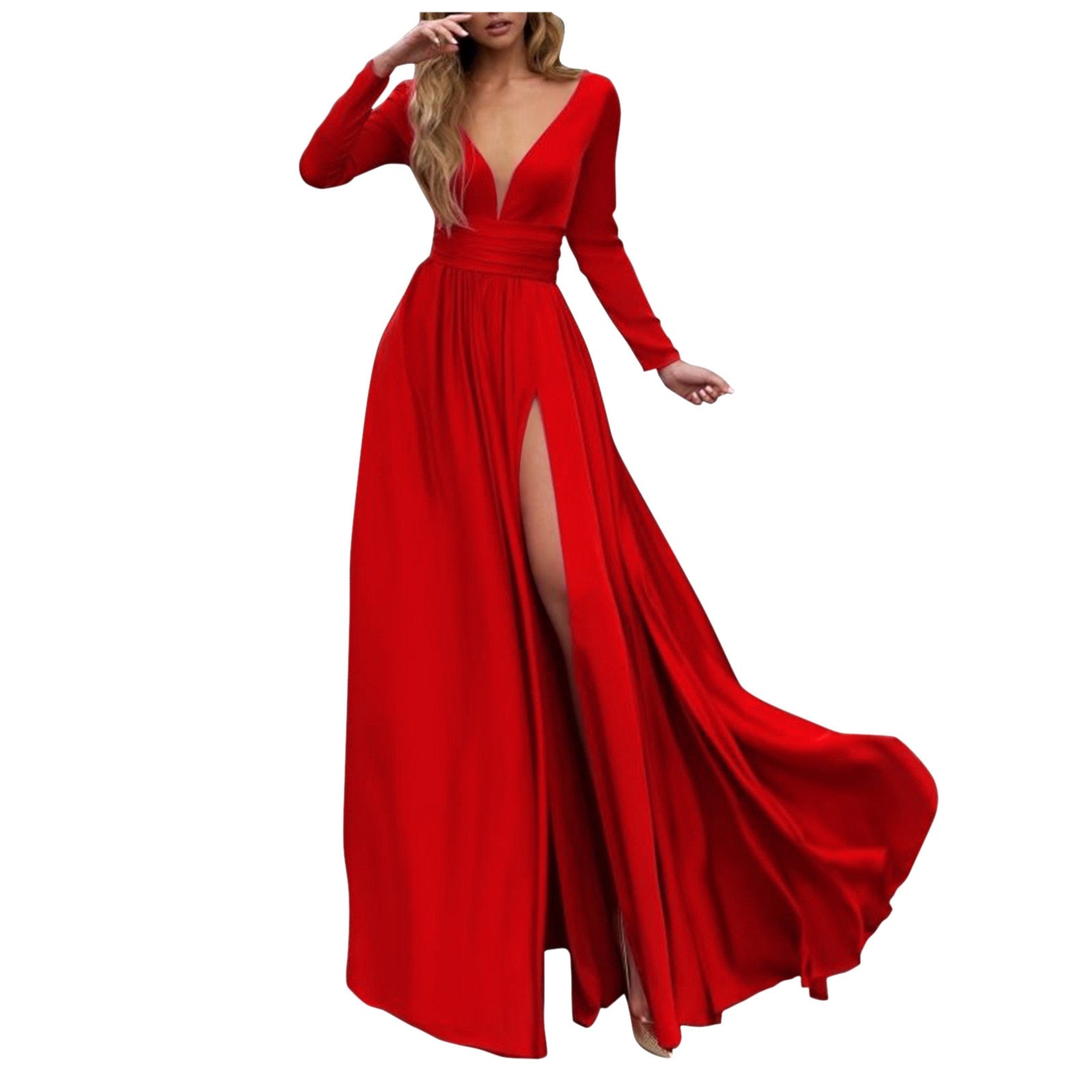 Sexy Deep V-Neck Solid Dress Long sleeve Maxi Split Dress