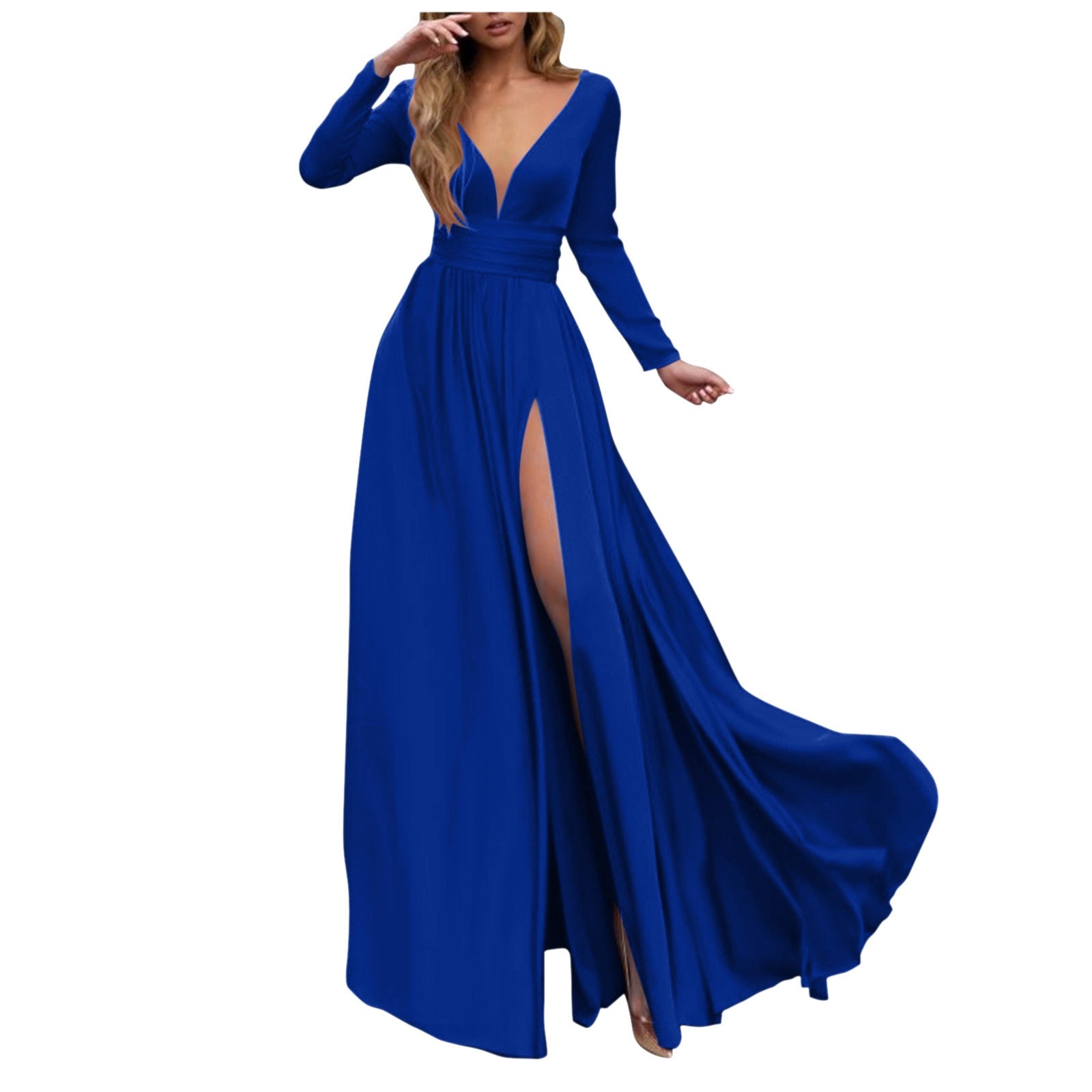 Sexy Deep V-Neck Solid Dress Long sleeve Maxi Split Dress