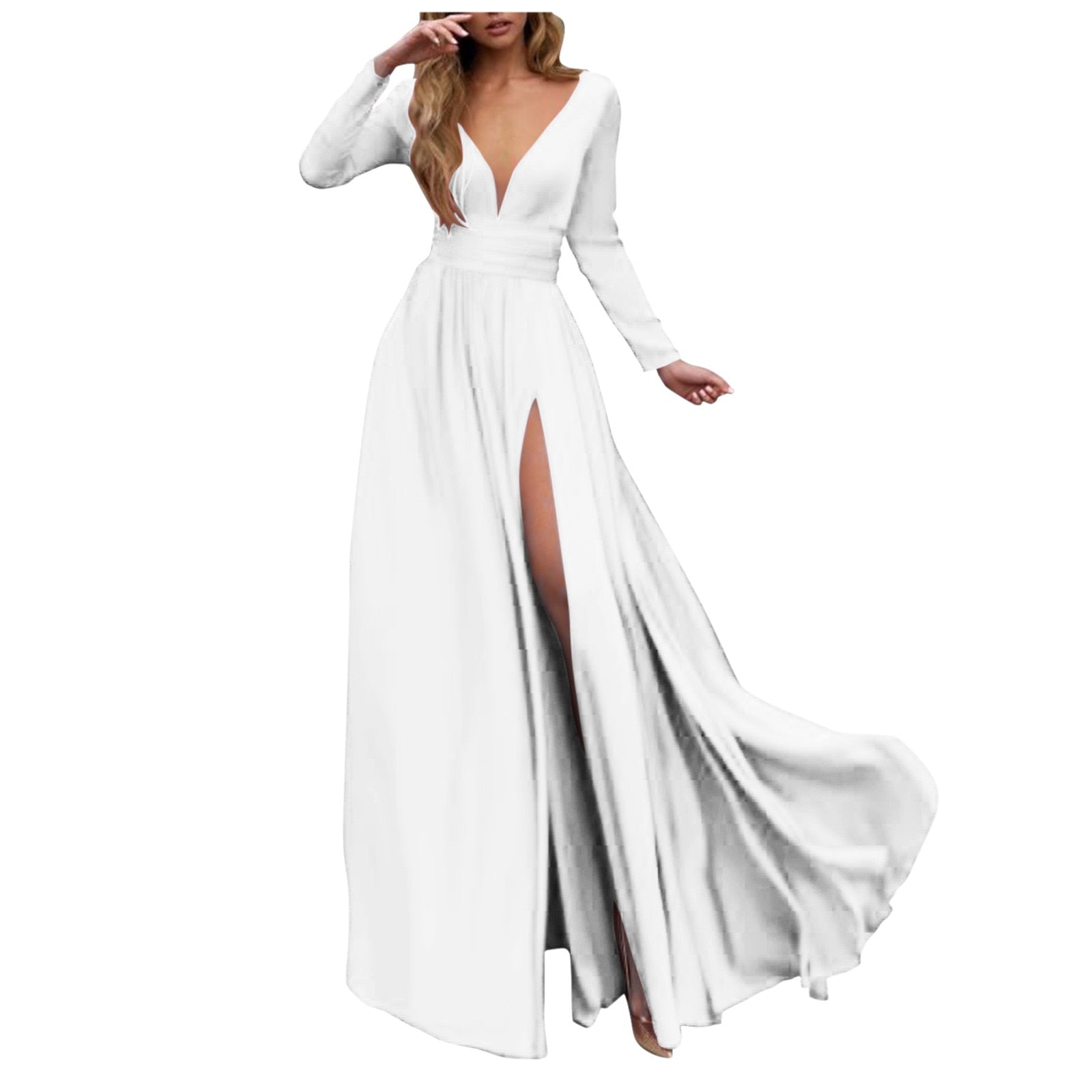 Sexy Deep V-Neck Solid Dress Long sleeve Maxi Split Dress