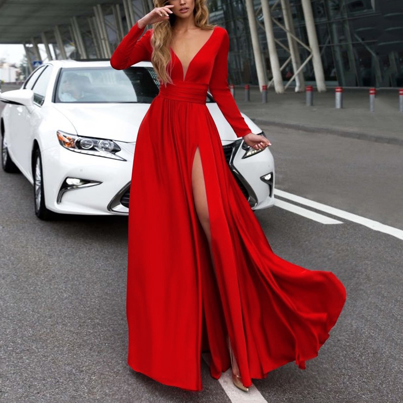 Sexy Deep V-Neck Solid Dress Long sleeve Maxi Split Dress