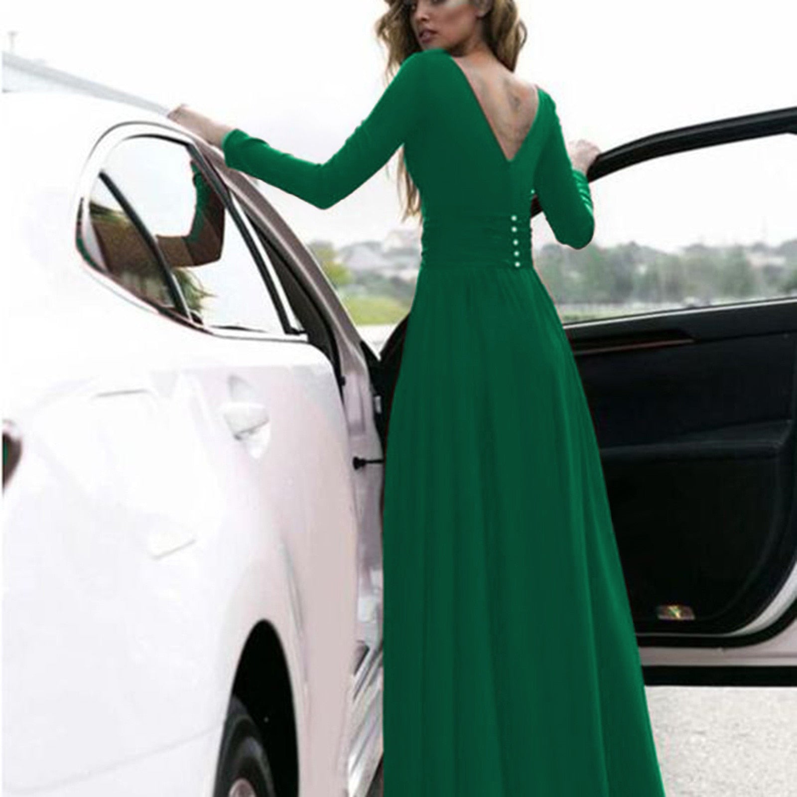 Sexy Deep V-Neck Solid Dress Long sleeve Maxi Split Dress