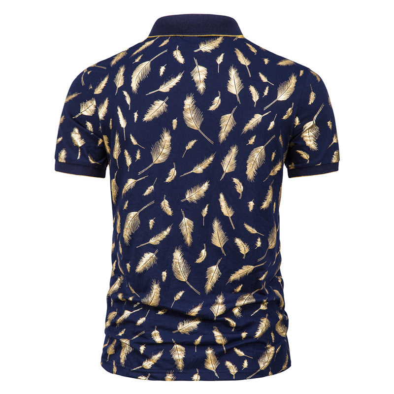 Fashion Feather Stamping Short Sleeve Polo T-ShirtDescription:Applicable Scene: CasualSleeve Length(cm): ShortStyle: CasualApplicable Season: summerMaterial: CottonType: RegularGender: MENTops Type: PolosDecoration: