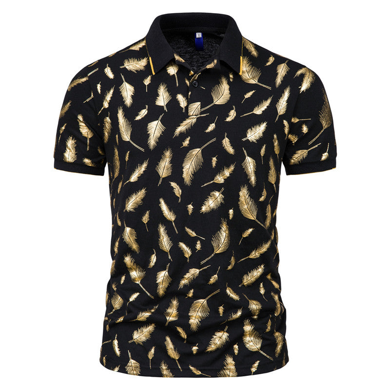 Fashion Feather Stamping Short Sleeve Polo T-ShirtDescription:Applicable Scene: CasualSleeve Length(cm): ShortStyle: CasualApplicable Season: summerMaterial: CottonType: RegularGender: MENTops Type: PolosDecoration: