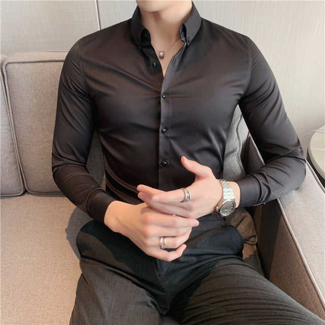 High Quality Solid Shirts for Men Clothing 2022 Korean Slim Fit Men Casual Shirts Long Sleeve Streetwear/Night Club/Prom Tuxedo