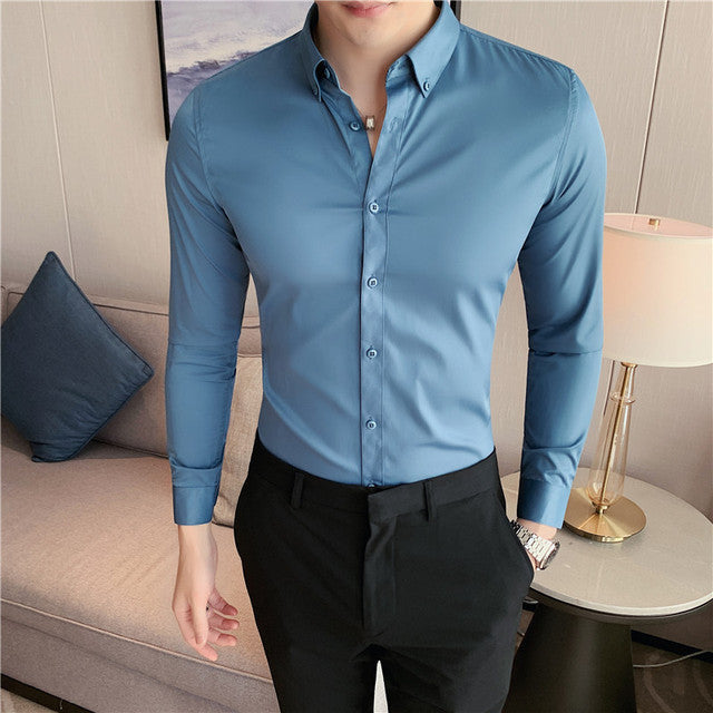 High Quality Solid Shirts for Men Clothing 2022 Korean Slim Fit Men Casual Shirts Long Sleeve Streetwear/Night Club/Prom Tuxedo