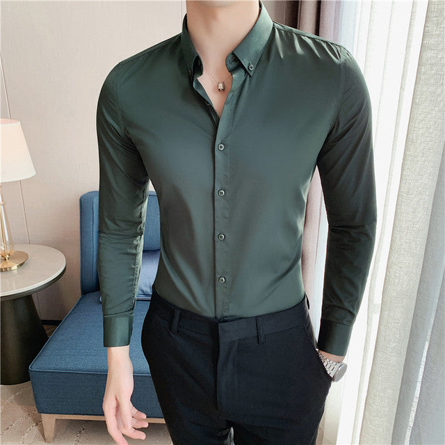 High Quality Solid Shirts for Men Clothing 2022 Korean Slim Fit Men Casual Shirts Long Sleeve Streetwear/Night Club/Prom Tuxedo