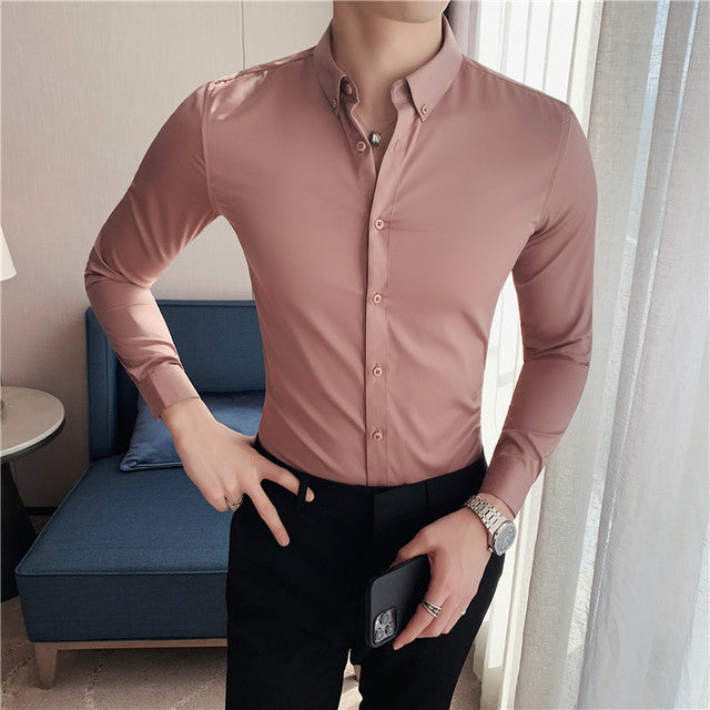 High Quality Solid Shirts for Men Clothing 2022 Korean Slim Fit Men Casual Shirts Long Sleeve Streetwear/Night Club/Prom Tuxedo