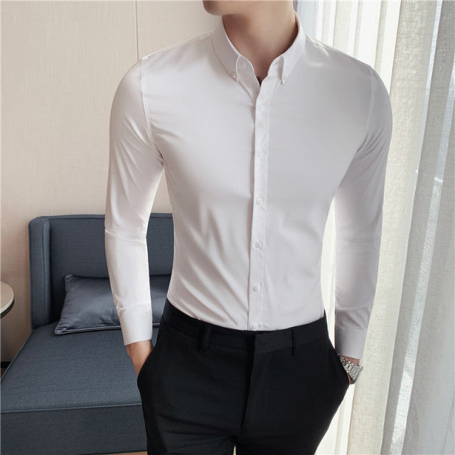 High Quality Solid Shirts for Men Clothing 2022 Korean Slim Fit Men Casual Shirts Long Sleeve Streetwear/Night Club/Prom Tuxedo