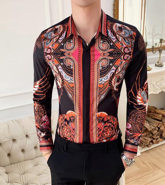 Plus Size 6xl Baroque Royal Shirt Mens Long Sleeve Four Season Party Club Men Slim Shirt Vintage Gold Blue Banquet Chemise Homme