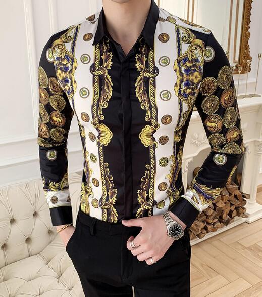 Plus Size 6xl Baroque Royal Shirt Mens Long Sleeve Four Season Party Club Men Slim Shirt Vintage Gold Blue Banquet Chemise Homme