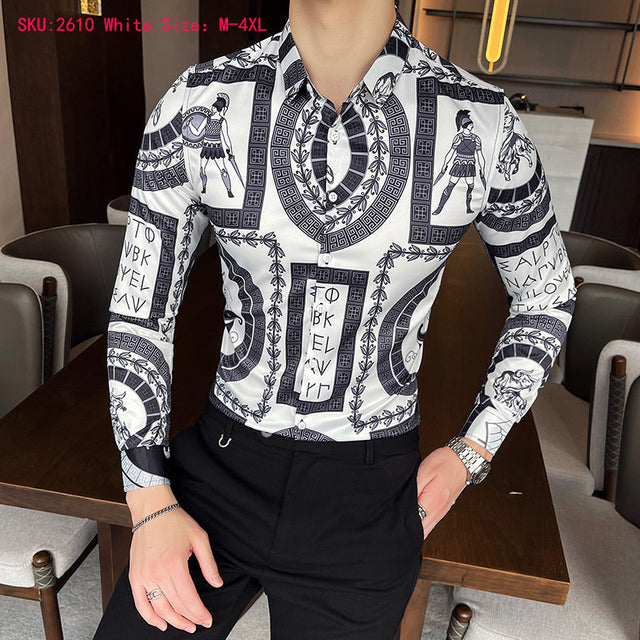 Plus Size 6xl Baroque Royal Shirt Mens Long Sleeve Four Season Party Club Men Slim Shirt Vintage Gold Blue Banquet Chemise Homme