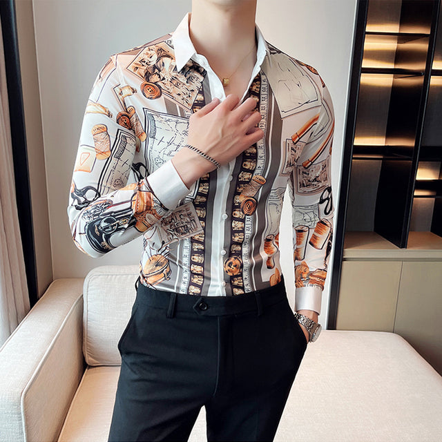 Luxury Long Sleeve Mens Baroque Shirts Dress Autumn Party Prom Wear Slim Fit Male Brand Clothing Striped Print Casual Shirt Men