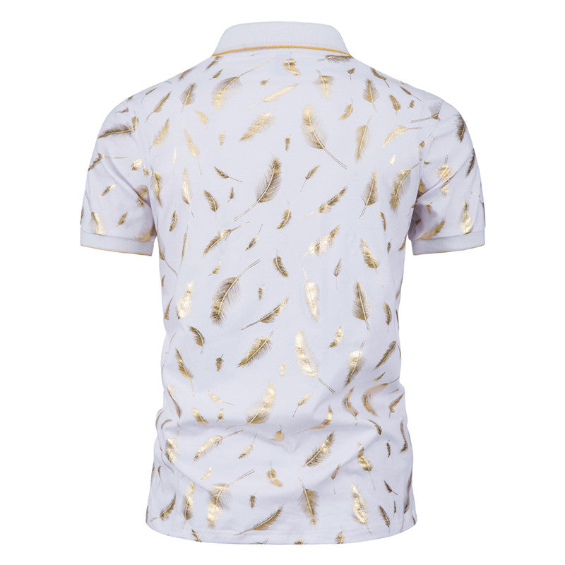 Fashion Feather Stamping Short Sleeve Polo T-ShirtDescription:Applicable Scene: CasualSleeve Length(cm): ShortStyle: CasualApplicable Season: summerMaterial: CottonType: RegularGender: MENTops Type: PolosDecoration: