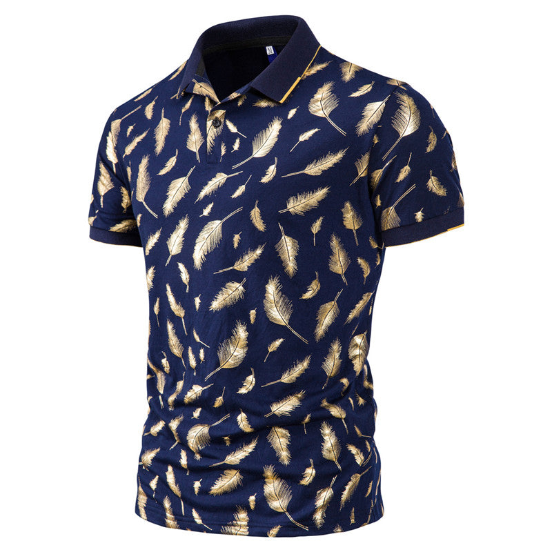 Fashion Feather Stamping Short Sleeve Polo T-ShirtDescription:Applicable Scene: CasualSleeve Length(cm): ShortStyle: CasualApplicable Season: summerMaterial: CottonType: RegularGender: MENTops Type: PolosDecoration: