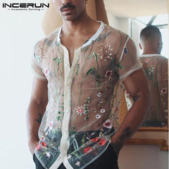 INCERUN Fashion Men Mesh Shirts Embroidered Short Sleeve Breathable Sexy See Through Tops 2022 Button Party Nightclub Shirts 5XL