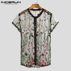 Fashion Men Mesh Shirts Embroidered Short Sleeve Sexy See Through Tops