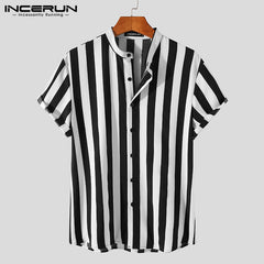 Men Striped Shirt Brand Stand Collar Streetwear Short Sleeve Button