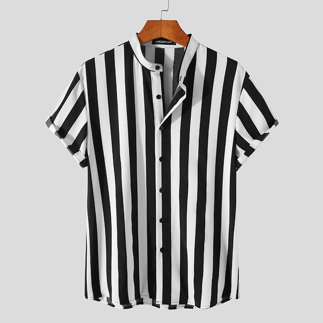 Men Striped Shirt Brand Stand Collar Streetwear Short Sleeve Button
