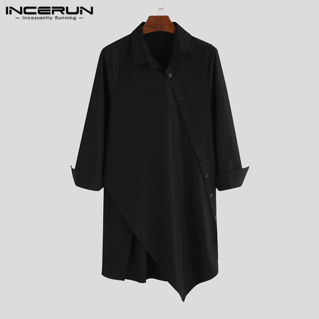 INCERUN 2022 Men Irregular Shirts Lapel Button Long Sleeve Chic Solid Color Camisa Fashion Dress Shirts Slim Long Tops Plus Size